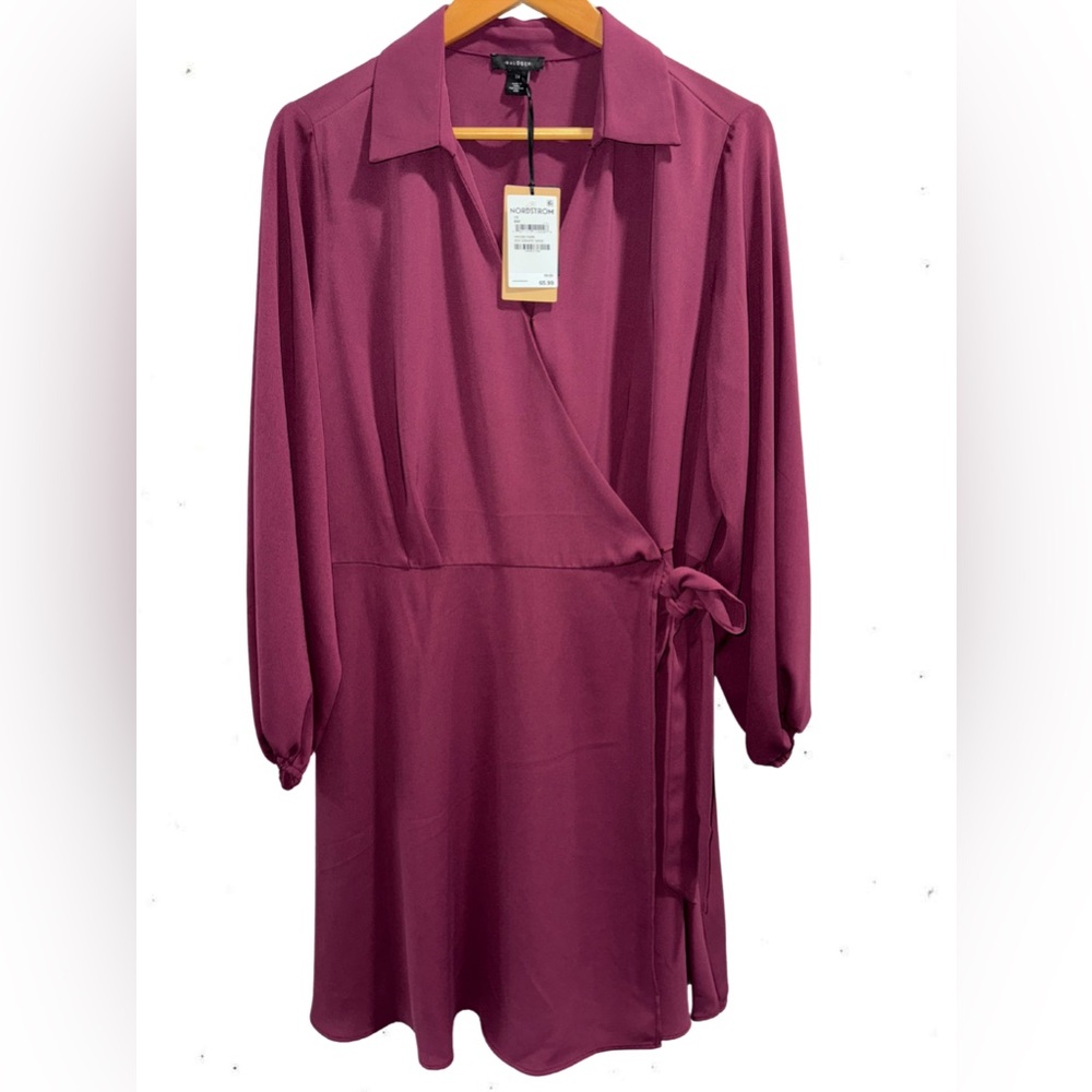 NEW Halogen Faux Wrap Dress Long Sleeve Women's Burgundy Size 1X